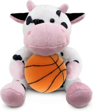 DolliBu Cow Stuffed Animal with Basketball Plush - Soft Huggable Cow, Adorable Playtime Cow Plush Toy, Cute Wildlife Gift, Personalized Plush Doll Animal Toy for Kids and Adults - 6 Inches