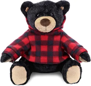 DolliBu Plush Black Bear with Red Plaid Hoodie - Soft Huggable Wild Life Black Bear, Adorable Playtime Zoo Black Bear Plush, Cute Cuddle Gift for Kids and Adults