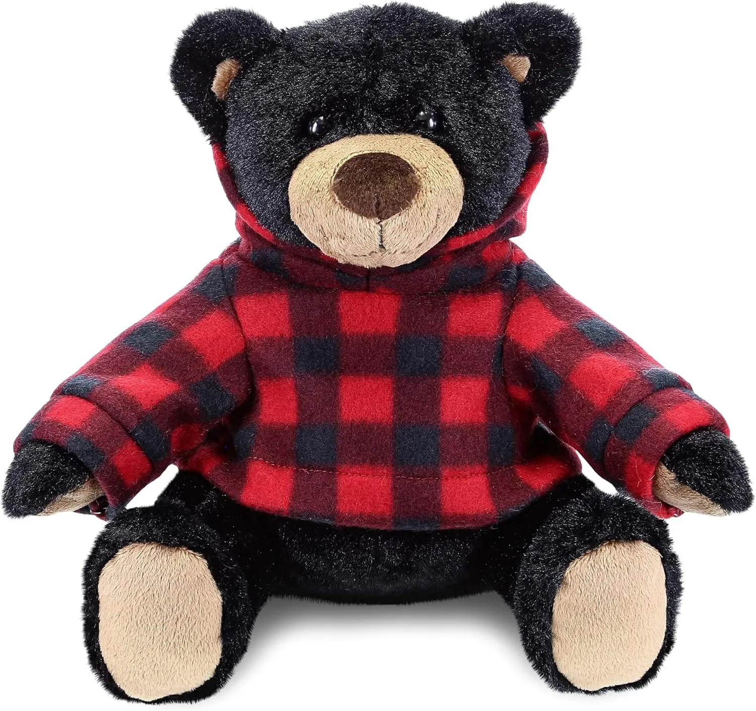 DolliBu Plush Black Bear with Red Plaid Hoodie - Soft Huggable Wild Life Black Bear, Adorable Playtime Zoo Black Bear Plush, Cute Cuddle Gift for Kids and Adults