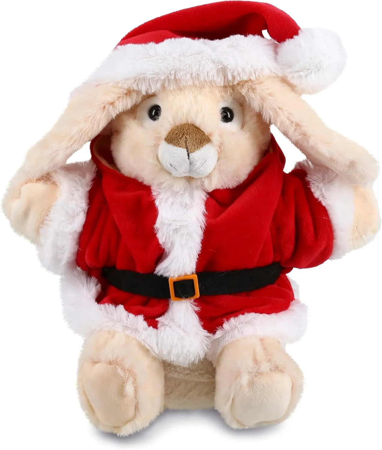 DolliBu Santa Rabbit Stuffed Animal Plush Hand Puppet - Super Soft Farm Animal Dress Up with Red Santa Claus Outfit, Perfect Holiday with Name Personalization - 9 Inches