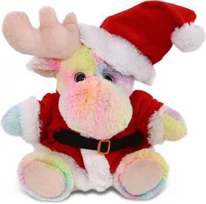 DolliBu Santa Rainbow Moose Stuffed Animal Plush Toy - Super Soft Dress Up with Red Santa Claus Outfit, Cute Moose Gift Perfect Holiday with Name Personalization - 9 Inches