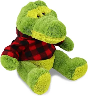 DolliBu Sitting Green Alligator Stuffed Animal with Plaid Red Hoodie Sweater and Personalization - Gator Plush Lumberjack Stuffed Toy with Plaid Jacket Dress Up for Christmas, Holiday - 10 Inches