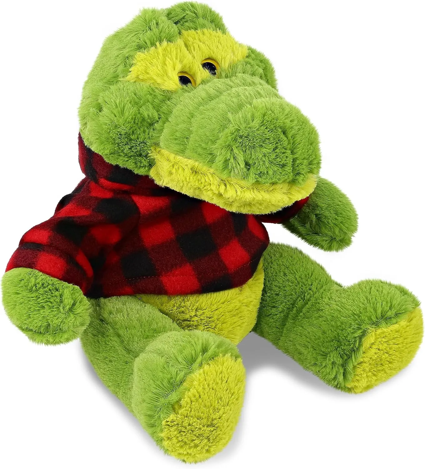 DolliBu Sitting Green Alligator Stuffed Animal with Plaid Red Hoodie Sweater and Personalization - Gator Plush Lumberjack Stuffed Toy with Plaid Jacket Dress Up for Christmas, Holiday - 10 Inches