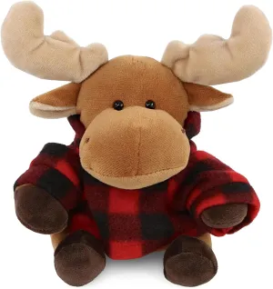 DolliBu Super Soft Moose Stuffed Animal with Plaid Red Hoodie Sweater and Personalization - Moose Plush Lumberjack Stuffed Toy with Plaid Jacket Dress Up for Christmas, Holiday, Winter - 6 Inches