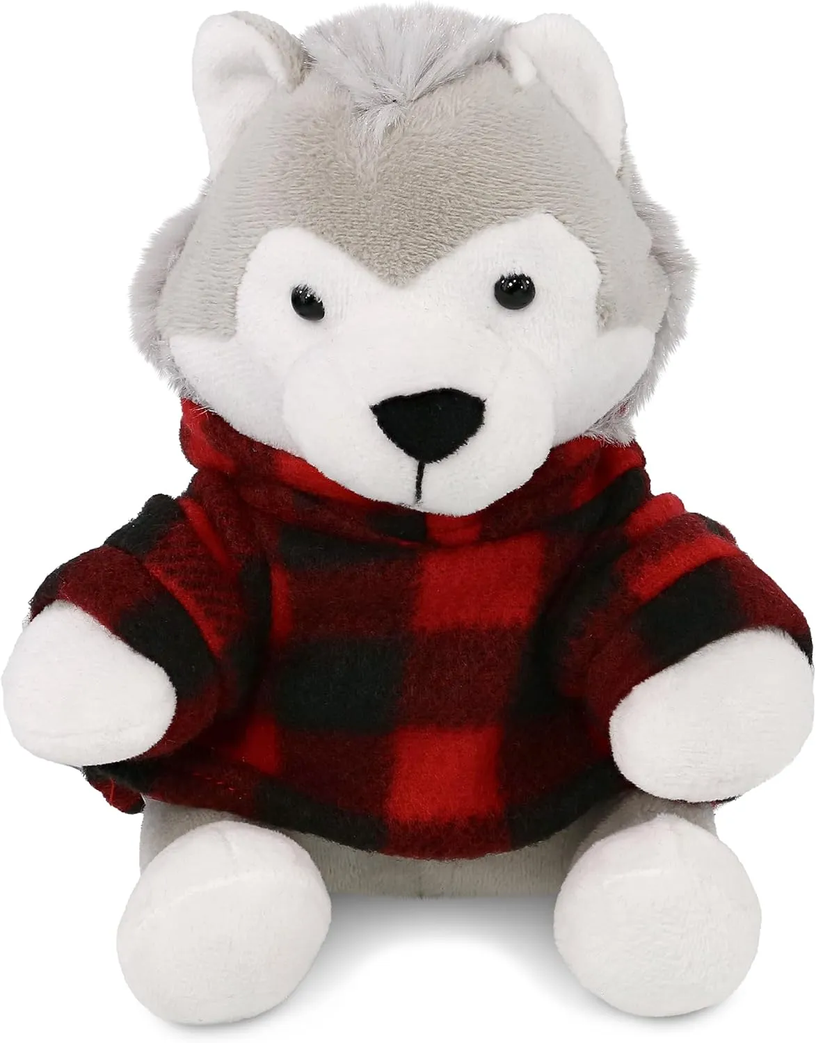 DolliBu Super Soft Wolf Stuffed Animal with Plaid Red Hoodie Sweater and Personalization - Wolf Plush Lumberjack Stuffed Toy with Plaid Jacket Dress Up for Christmas, Holiday, Winter - 6 Inches