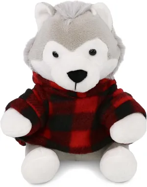 DolliBu Super Soft Wolf Stuffed Animal with Plaid Red Hoodie Sweater and Personalization - Wolf Plush Lumberjack Stuffed Toy with Plaid Jacket Dress Up for Christmas, Holiday, Winter - 6 Inches