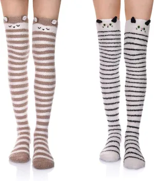 DoSmart Womens Over Knee High Fuzzy Socks Soft Warm Thigh High Striped Stockings Cozy Slipper Fleece Winter Long Socks
