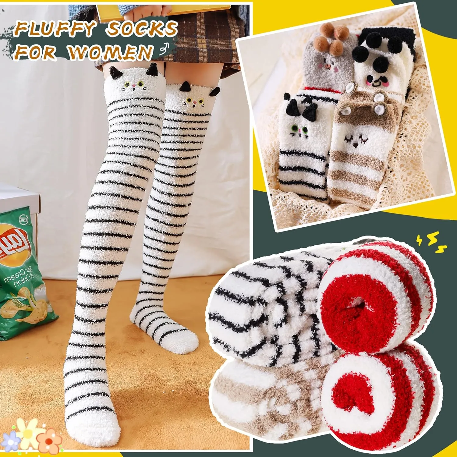 DoSmart Womens Over Knee High Fuzzy Socks Soft Warm Thigh High Striped Stockings Cozy Slipper Fleece Winter Long Socks