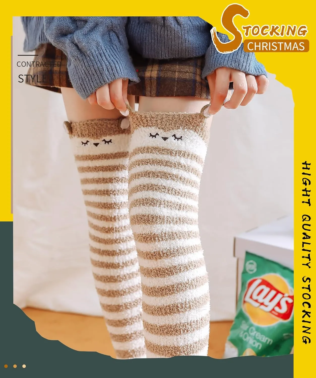 DoSmart Womens Over Knee High Fuzzy Socks Soft Warm Thigh High Striped Stockings Cozy Slipper Fleece Winter Long Socks