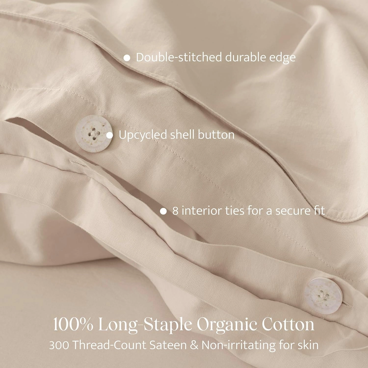 Double Stitch 100% Organic Cotton Duvet Cover - Soft 3 Piece Bedding Set King Size, 300 TC Luxury Hotel Sateen Weave, GOTS Certified Long Staple Cotton, Made in India, Beige