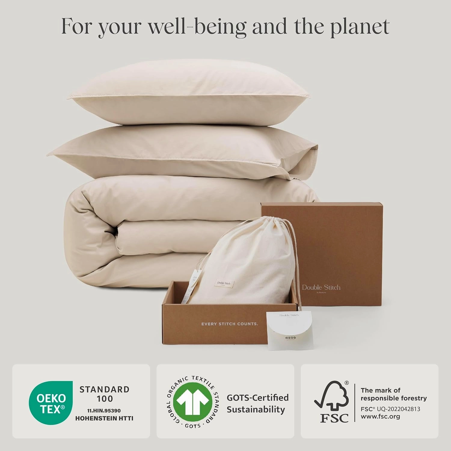 Double Stitch 100% Organic Cotton Duvet Cover - Soft 3 Piece Bedding Set King Size, 300 TC Luxury Hotel Sateen Weave, GOTS Certified Long Staple Cotton, Made in India, Beige