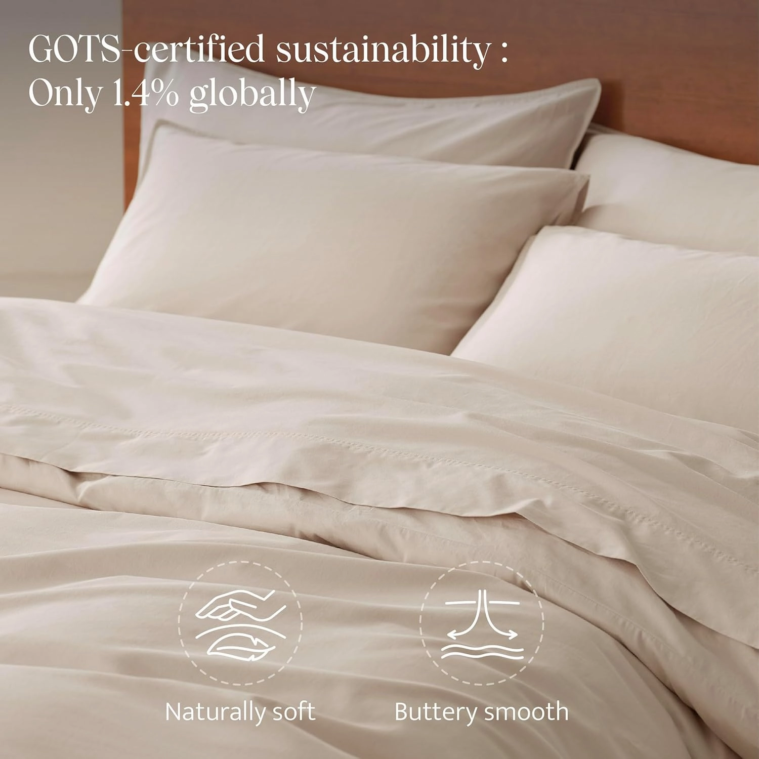 Double Stitch 100% Organic Cotton Duvet Cover - Soft 3 Piece Bedding Set King Size, 300 TC Luxury Hotel Sateen Weave, GOTS Certified Long Staple Cotton, Made in India, Beige