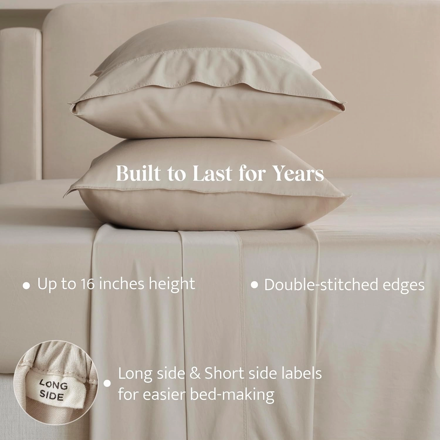 Double Stitch Cotton Tencel Sheet - Bed Sheets Set Queen Size, 4Pc Luxury Hotel Bedding Set, Soft, Cooling & Breathable for Hot Sleepers, Deep Pocket Up to 16 Inches, Sandstone