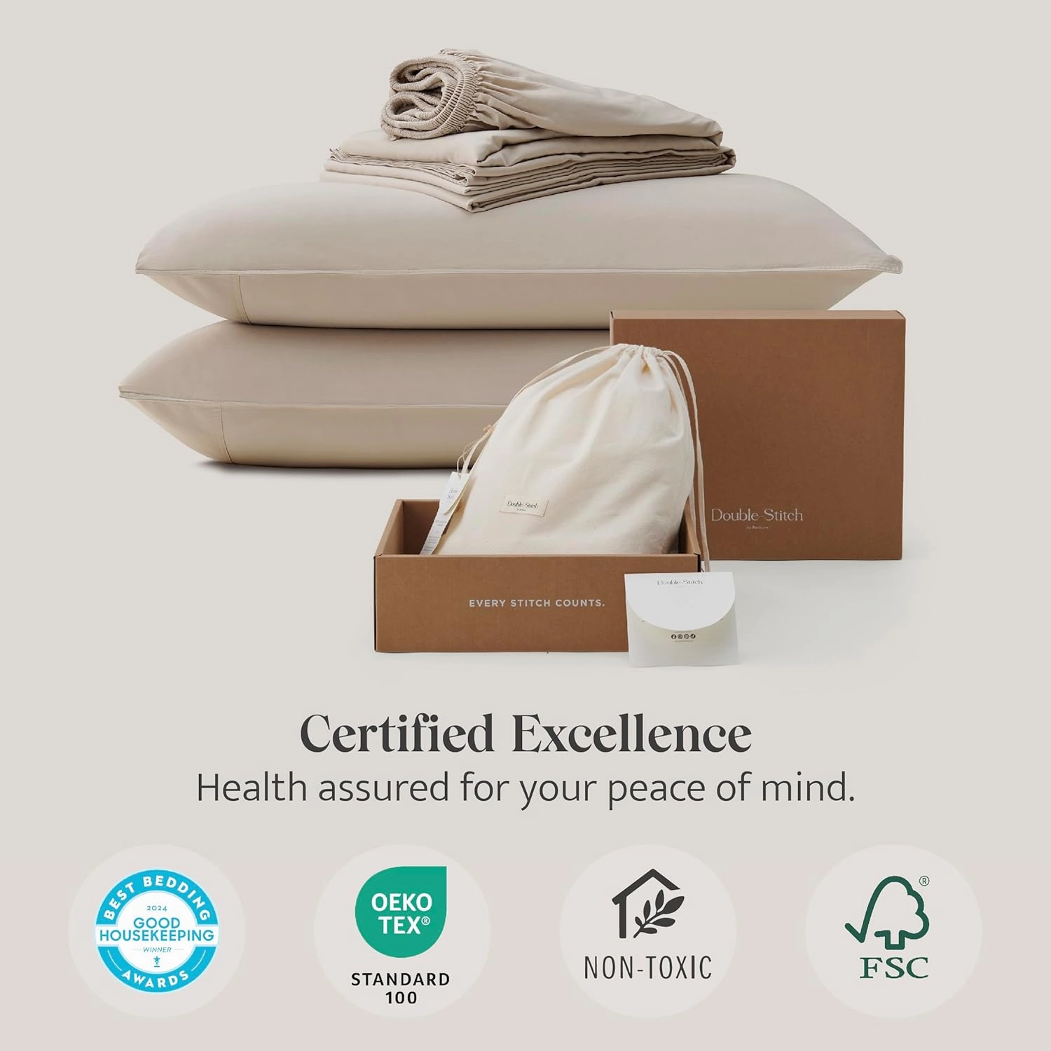 Double Stitch Cotton Tencel Sheet - Bed Sheets Set Queen Size, 4Pc Luxury Hotel Bedding Set, Soft, Cooling & Breathable for Hot Sleepers, Deep Pocket Up to 16 Inches, Sandstone
