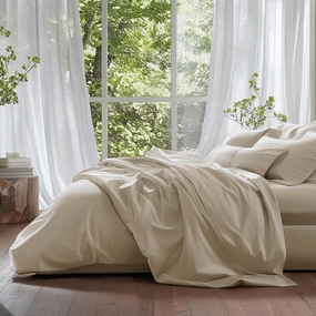 Double Stitch Cotton Tencel Sheet - Bed Sheets Set Queen Size, 4Pc Luxury Hotel Bedding Set, Soft, Cooling & Breathable for Hot Sleepers, Deep Pocket Up to 16 Inches, Sandstone