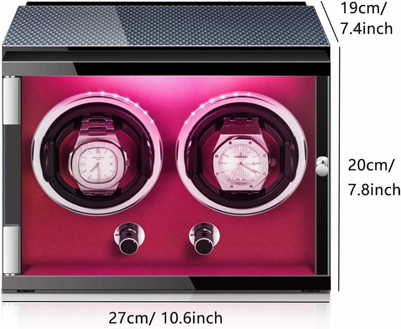 Double Watch Winder Box for Automatic Watch with Colorful Lights Adjustable Watch Pillows Quiet Motor (B A)
