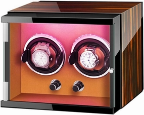 Double Watch Winder Box for Automatic Watch with Colorful Lights Adjustable Watch Pillows Quiet Motor (B A)