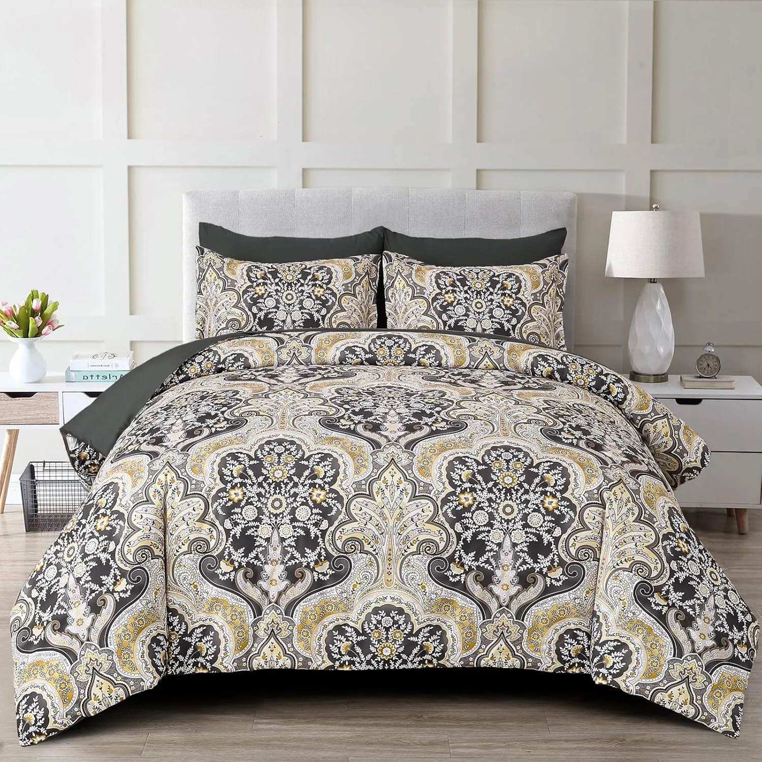 Drucon Boho Paisley Comforter Set King Size, 7 Pieces Bed in a Bag Black Gold Comforter Set, Soft Lightweight Bedding Set (1 Comforter, 1 Flat Sheet, 1 Fitted Sheet, 2 Pillow Shams, 2 Pillowcases)