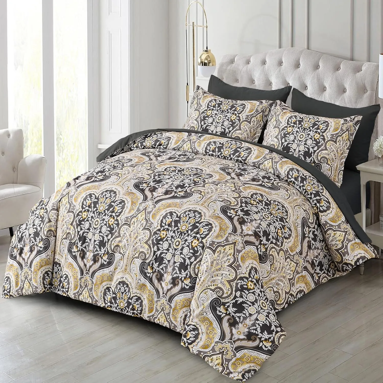Drucon Boho Paisley Comforter Set King Size, 7 Pieces Bed in a Bag Black Gold Comforter Set, Soft Lightweight Bedding Set (1 Comforter, 1 Flat Sheet, 1 Fitted Sheet, 2 Pillow Shams, 2 Pillowcases)