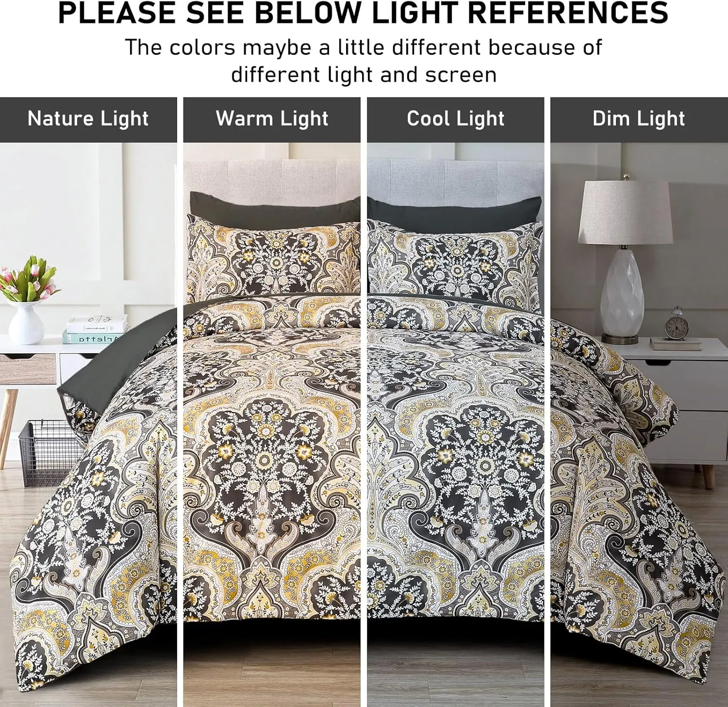 Drucon Boho Paisley Comforter Set King Size, 7 Pieces Bed in a Bag Black Gold Comforter Set, Soft Lightweight Bedding Set (1 Comforter, 1 Flat Sheet, 1 Fitted Sheet, 2 Pillow Shams, 2 Pillowcases)