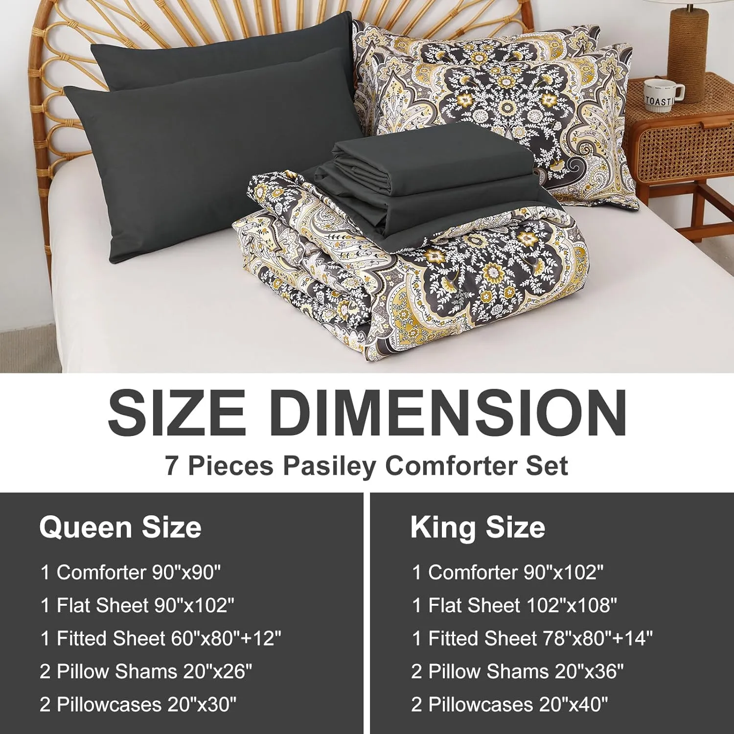 Drucon Boho Paisley Comforter Set King Size, 7 Pieces Bed in a Bag Black Gold Comforter Set, Soft Lightweight Bedding Set (1 Comforter, 1 Flat Sheet, 1 Fitted Sheet, 2 Pillow Shams, 2 Pillowcases)