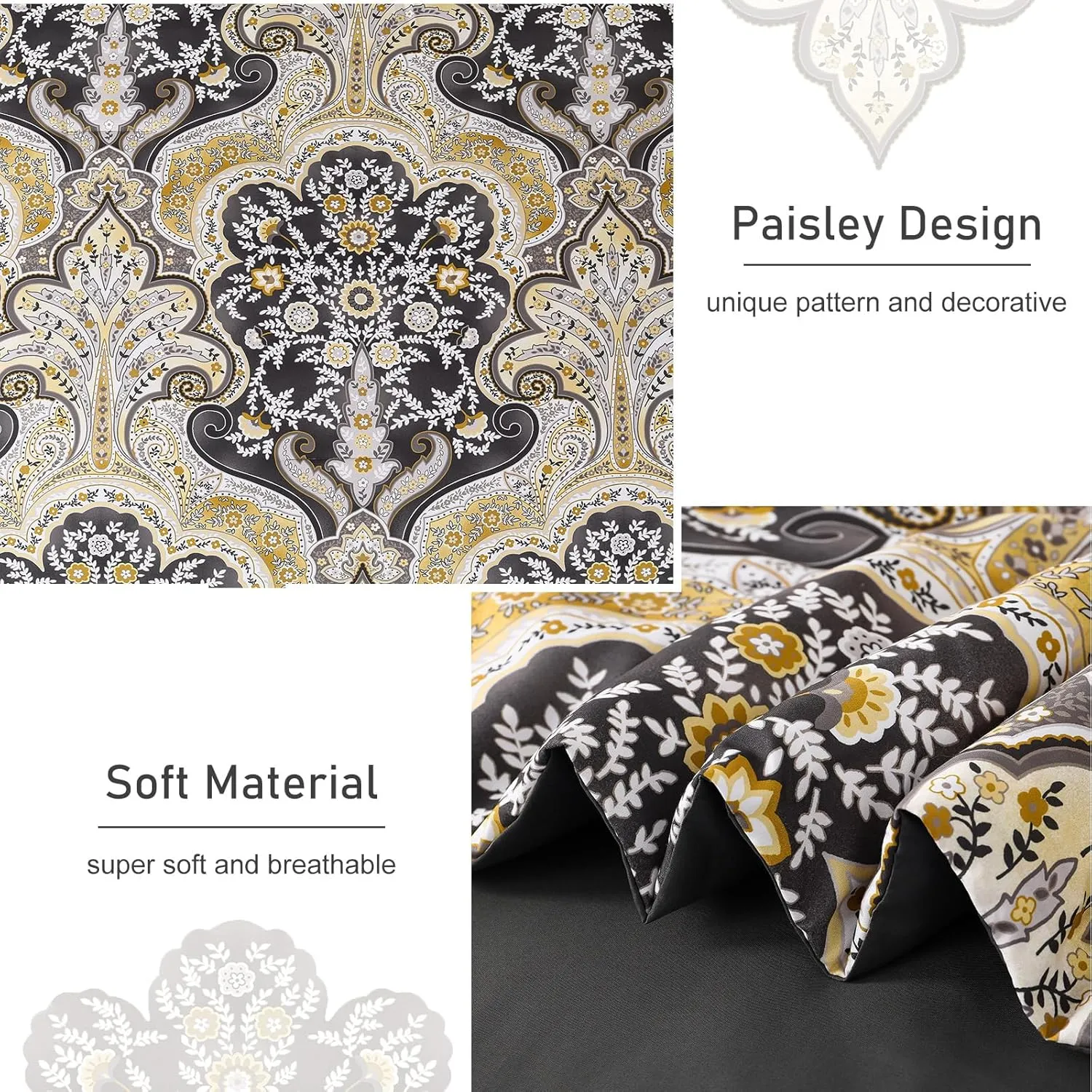 Drucon Boho Paisley Comforter Set King Size, 7 Pieces Bed in a Bag Black Gold Comforter Set, Soft Lightweight Bedding Set (1 Comforter, 1 Flat Sheet, 1 Fitted Sheet, 2 Pillow Shams, 2 Pillowcases)