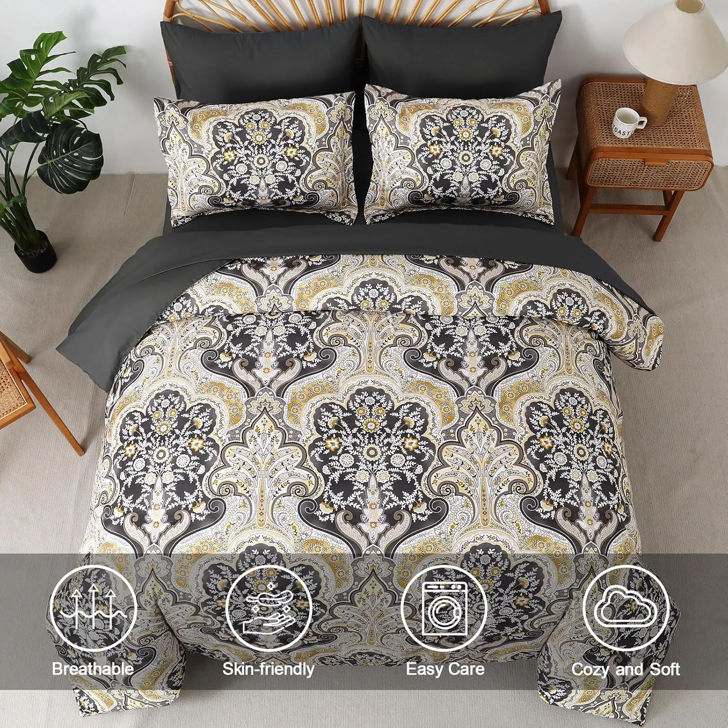Drucon Boho Paisley Comforter Set King Size, 7 Pieces Bed in a Bag Black Gold Comforter Set, Soft Lightweight Bedding Set (1 Comforter, 1 Flat Sheet, 1 Fitted Sheet, 2 Pillow Shams, 2 Pillowcases)