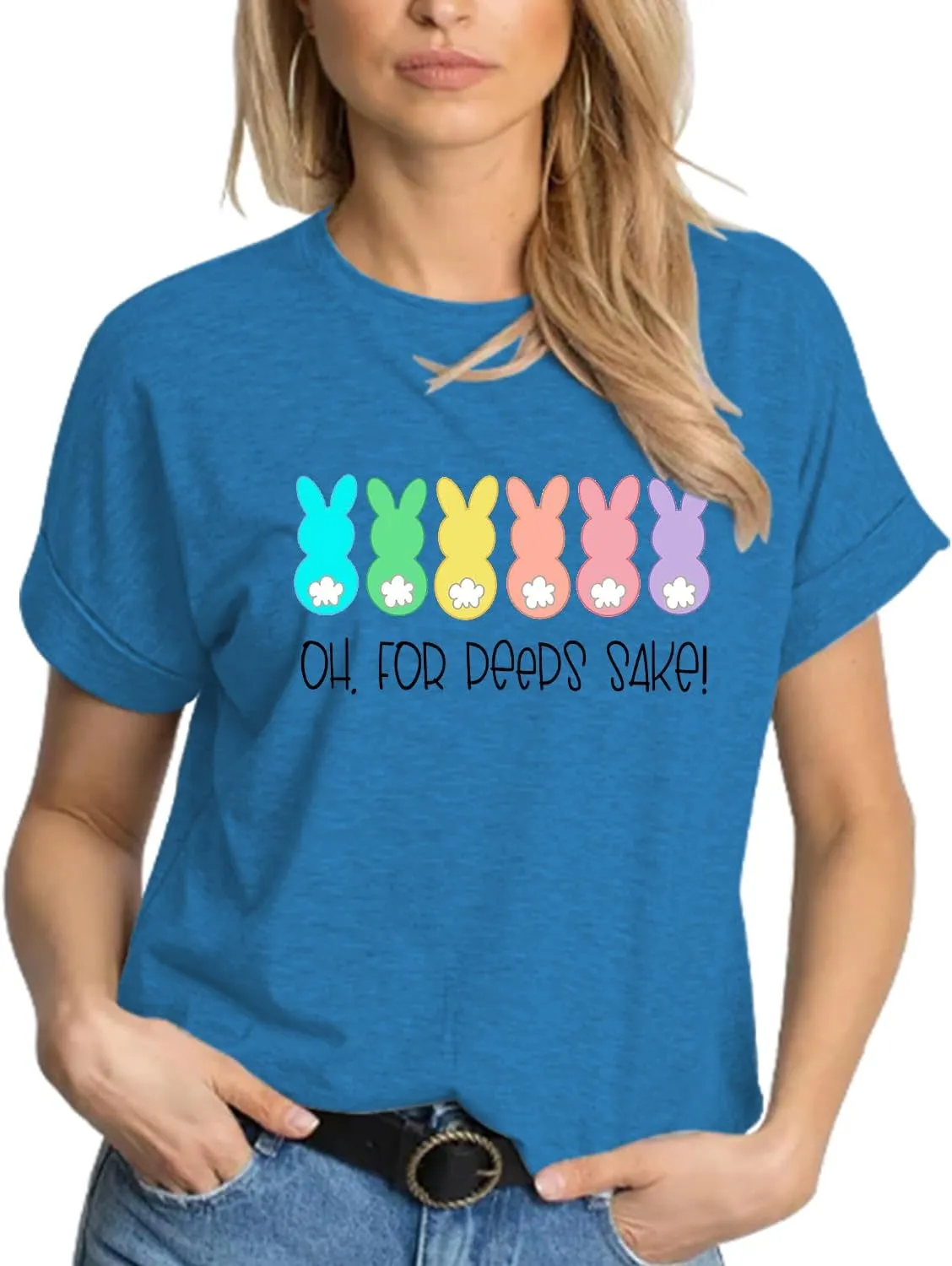 Easter Teacher T-Shirt for Women Teaching My Favorite Peeps Shirt Funny Bunny Rabbit Graphic Tee Tops