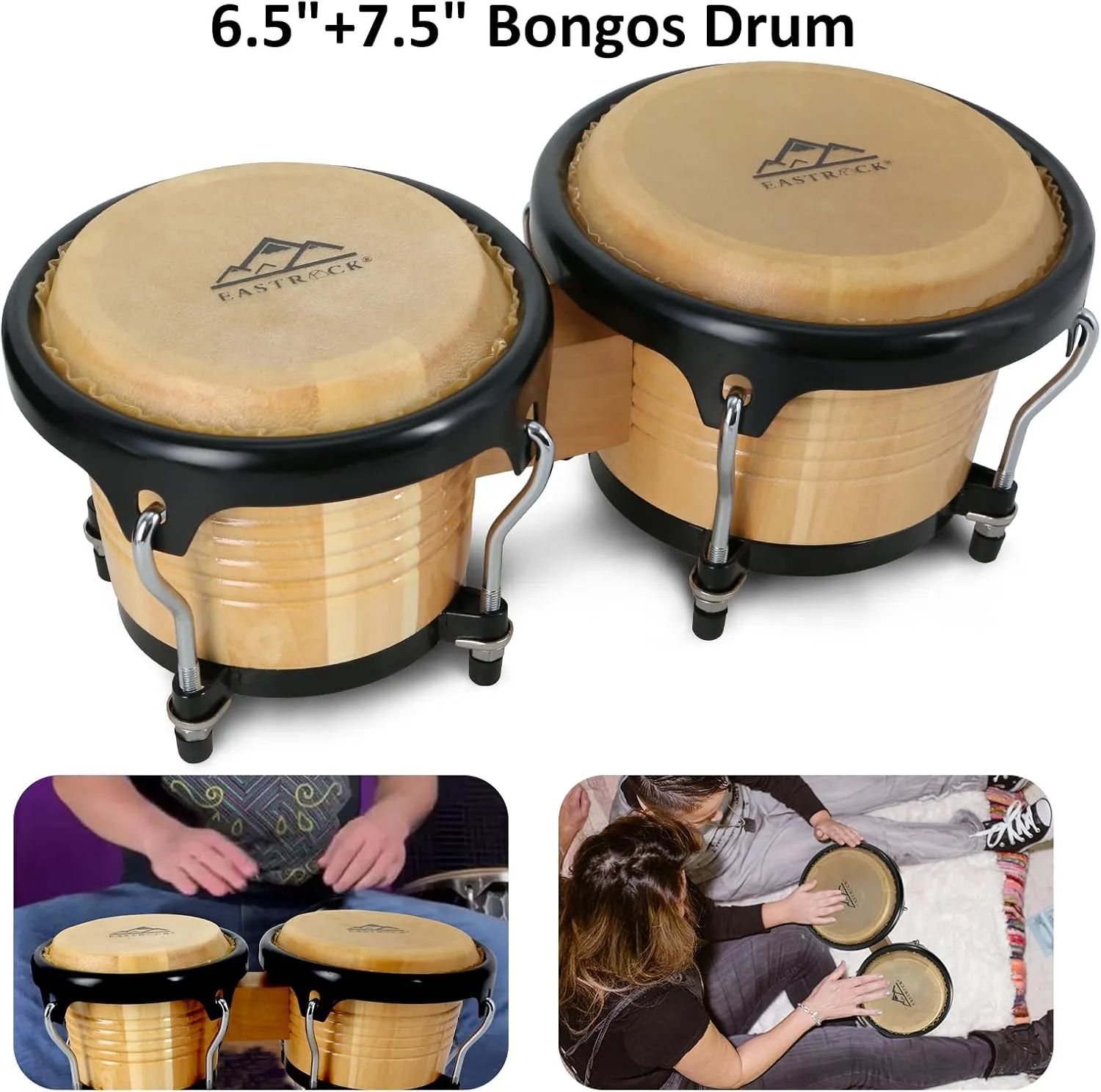 EASTROCK Bongo Drum 6.5” and 7.5” Bongos Set for Kids Adults Beginners Professionals Tunable Wood and Metal Drum Percussion Instruments with Bag and Tuning Wrench (Log)