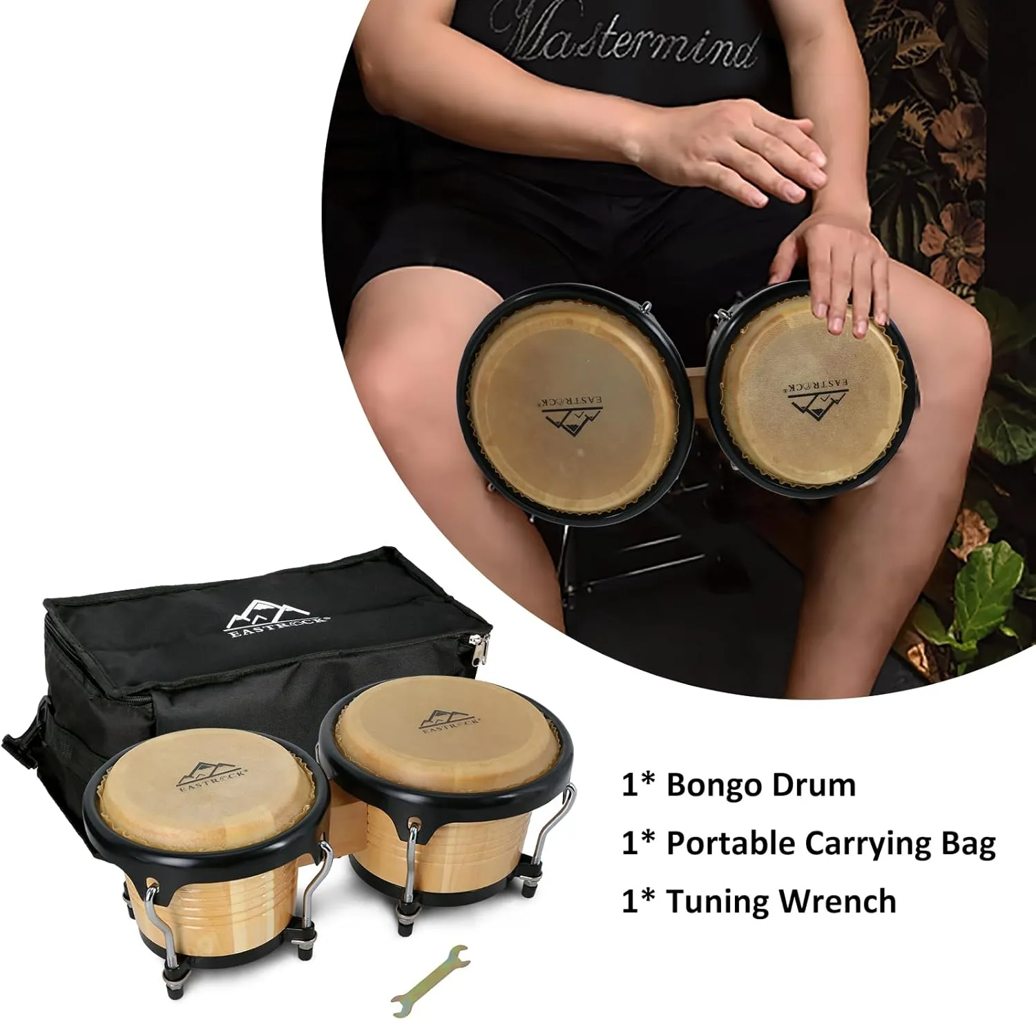 EASTROCK Bongo Drum 6.5” and 7.5” Bongos Set for Kids Adults Beginners Professionals Tunable Wood and Metal Drum Percussion Instruments with Bag and Tuning Wrench (Log)
