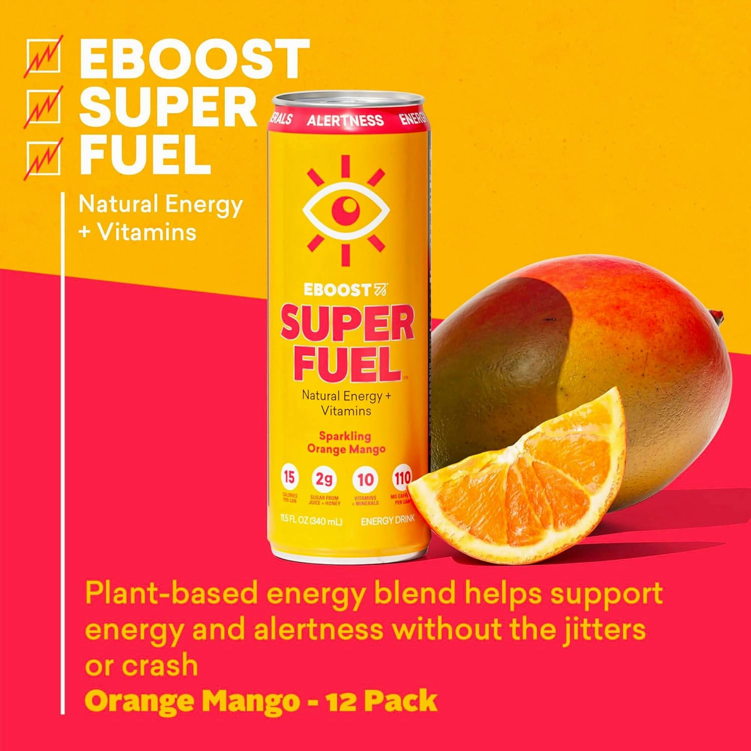 EBOOST Super Fuel Natural Energy Drink - Orange Mango - 12 Pack x 11.5 Fl Oz - Natural Caffeine from Coffee and Green Tea - Essential Electrolytes, Nootropics, and Vitamins - Sports Preworkout Drink