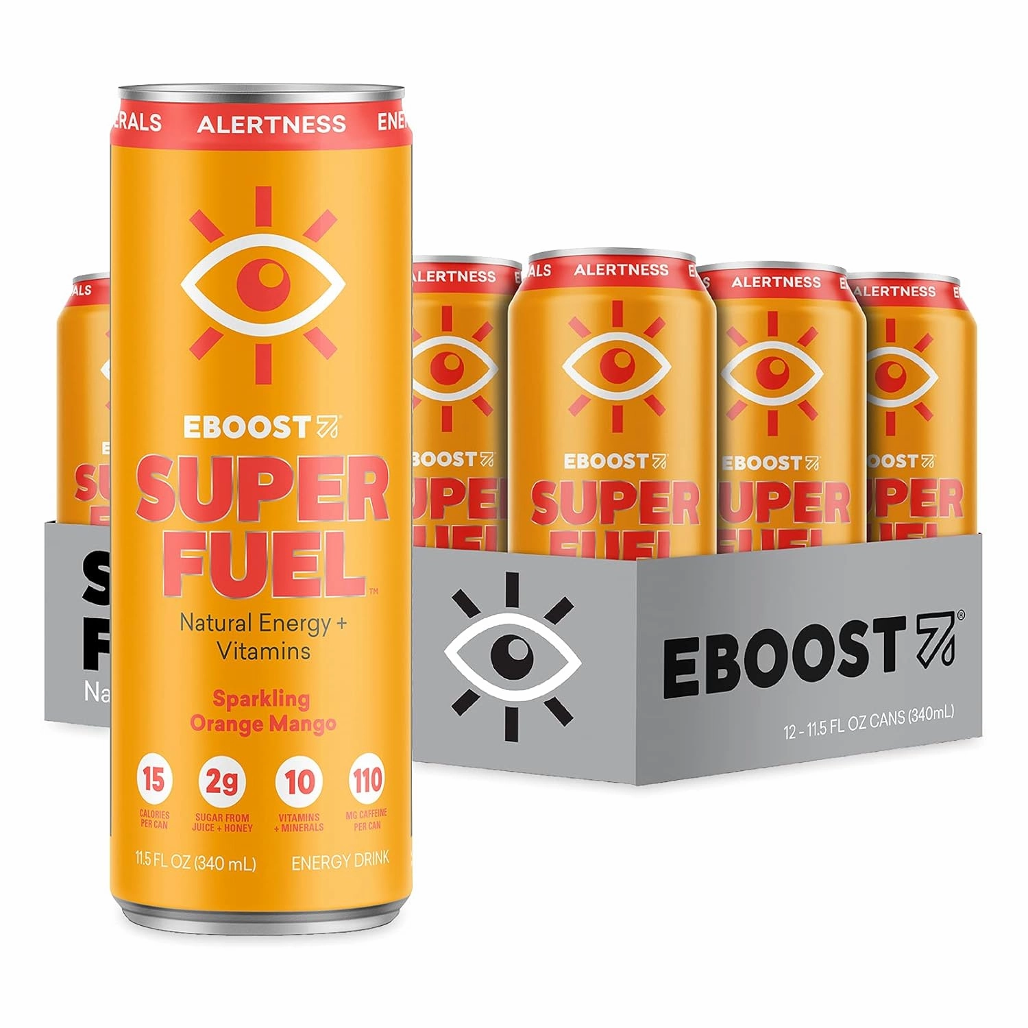 EBOOST Super Fuel Natural Energy Drink - Orange Mango - 12 Pack x 11.5 Fl Oz - Natural Caffeine from Coffee and Green Tea - Essential Electrolytes, Nootropics, and Vitamins - Sports Preworkout Drink