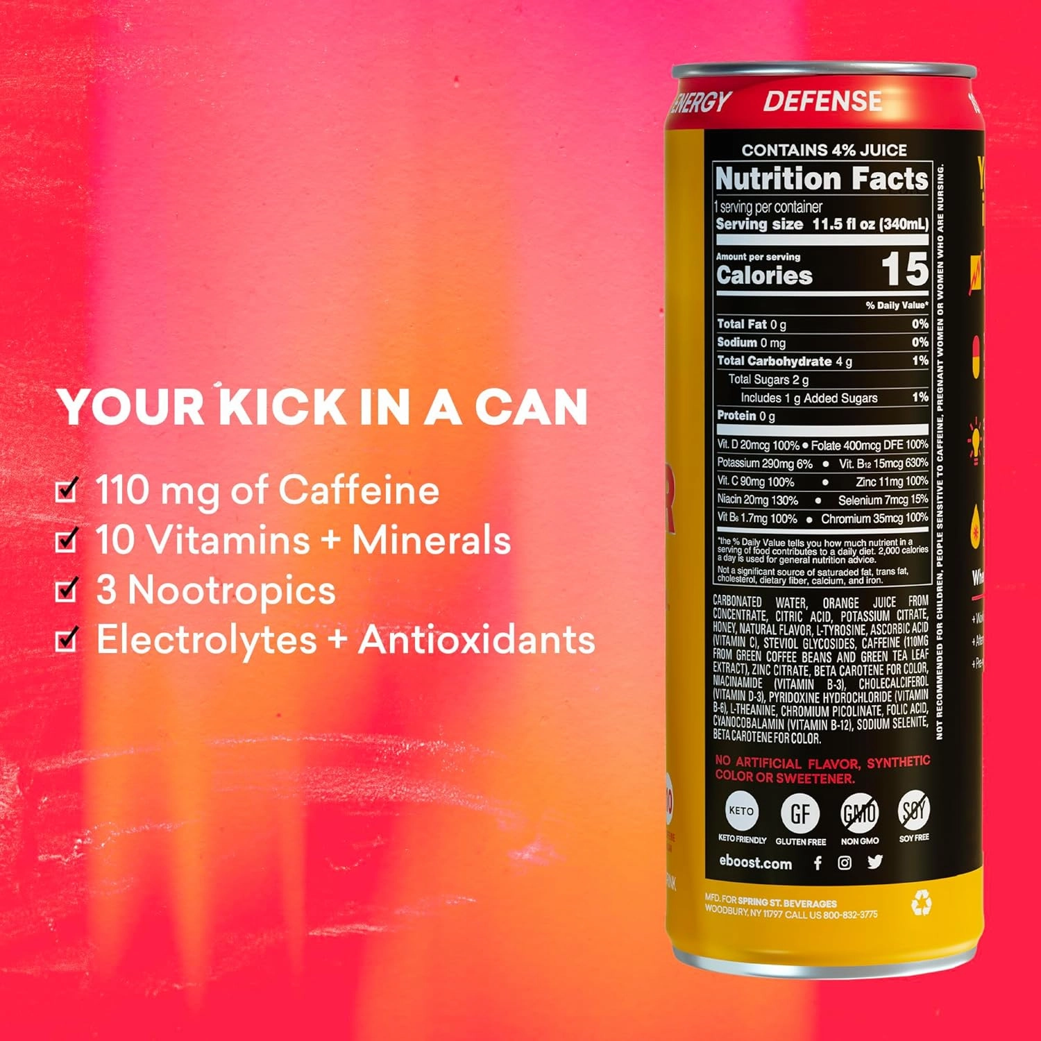 EBOOST Super Fuel Natural Energy Drink - Orange Mango - 12 Pack x 11.5 Fl Oz - Natural Caffeine from Coffee and Green Tea - Essential Electrolytes, Nootropics, and Vitamins - Sports Preworkout Drink