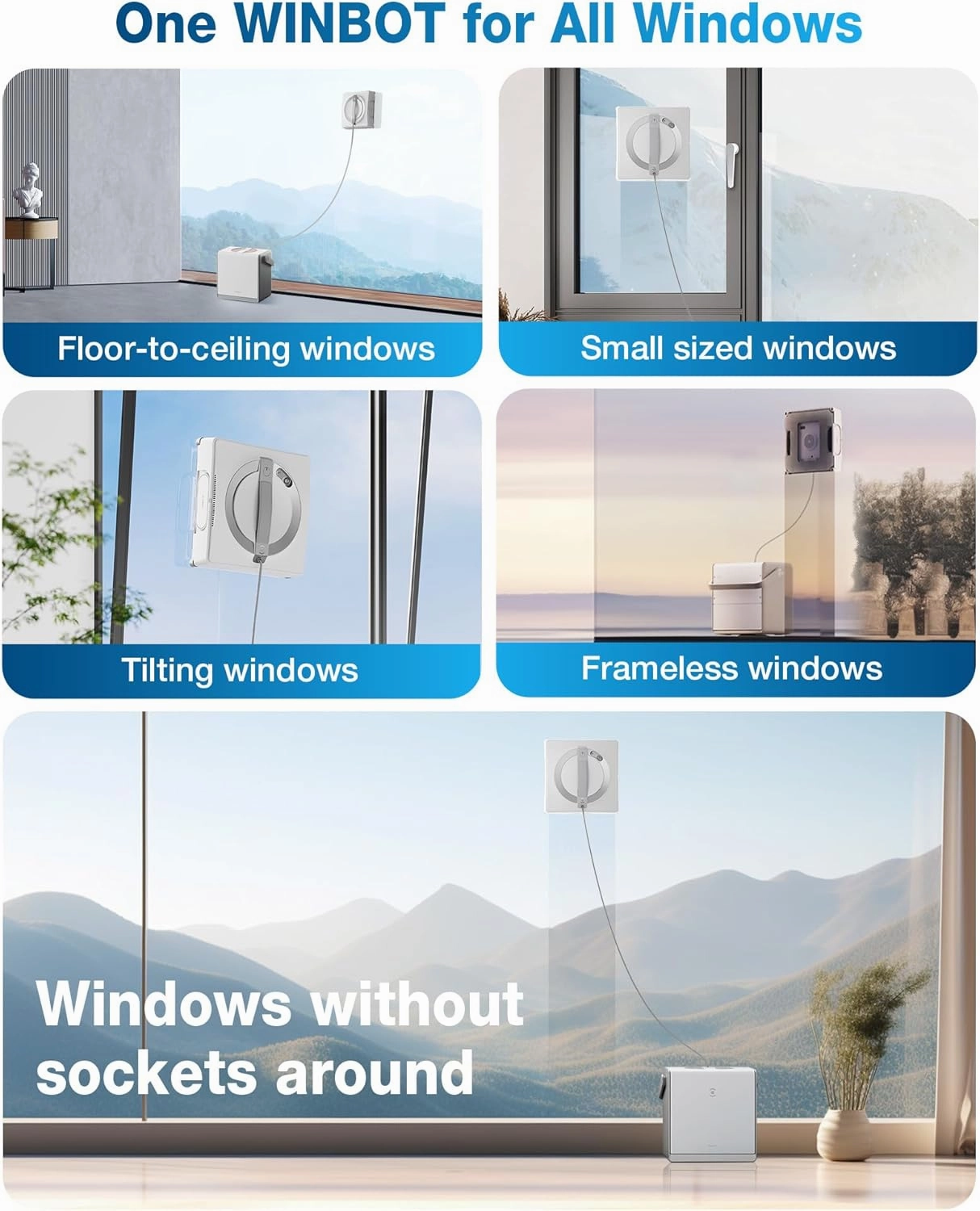 ECOVACS Winbot W2 Omni Portable Window Cleaning Robot, Intelligent Cleaning with Three-Nozzle Wide-Angle Spray Technology, Win SLAM 4.0 Path Planning, Deep Edge Cleaning, 5500Pa Suction Power
