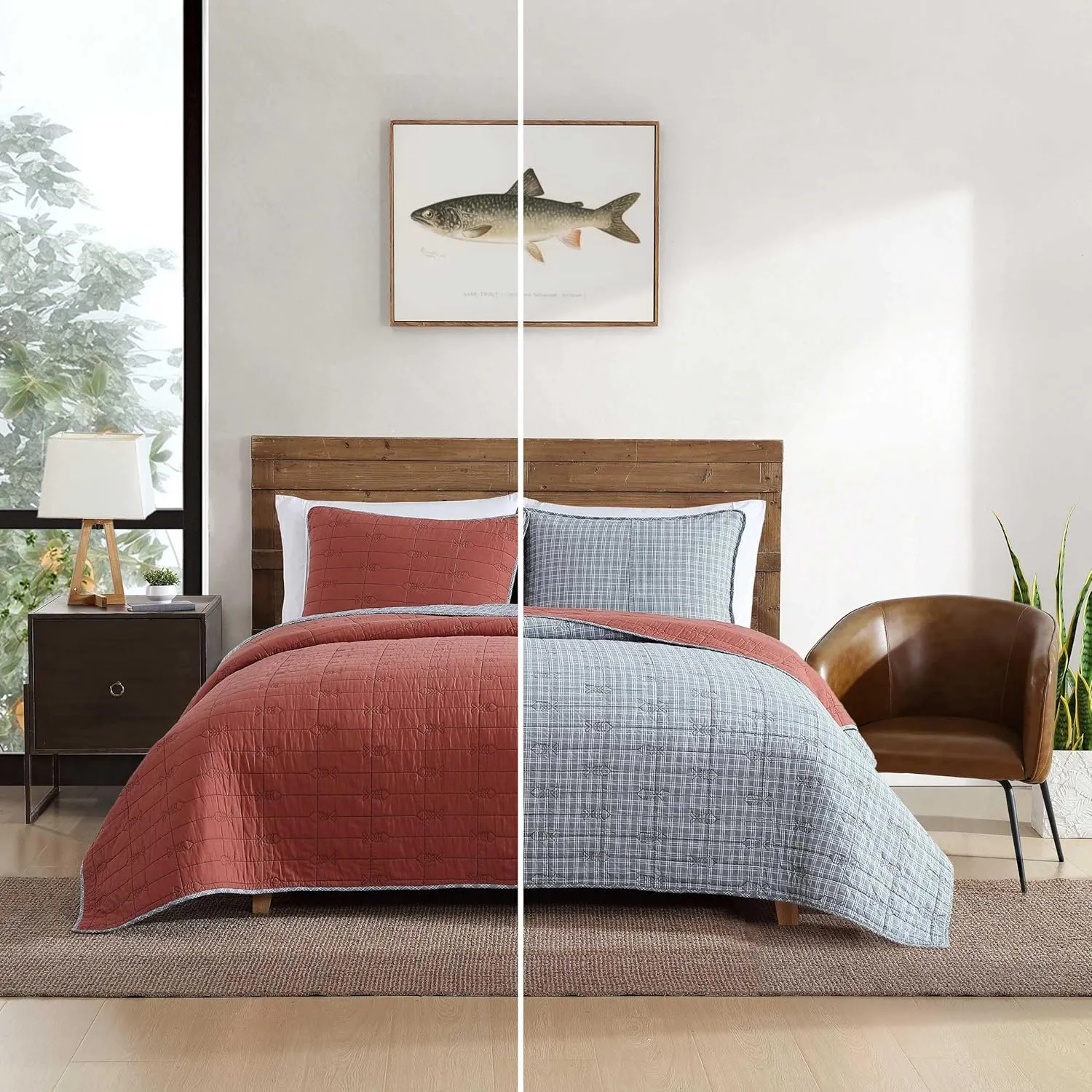 Eddie Bauer - King Quilt Set, Soft Reversible Bedding with Matching Shams, Fishing Inspired Home Decor (Troutdale Orange, King)