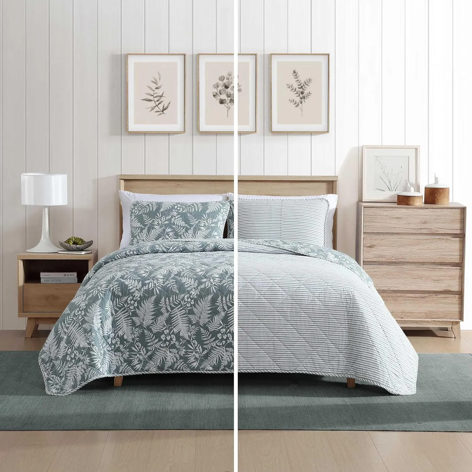 Eddie Bauer - Queen Quilt Set, Reversible Cotton Bedding with Matching Shams, Wildflower Inspired Home Decor with Stripe Reverse (Fern Garden Green, Queen)