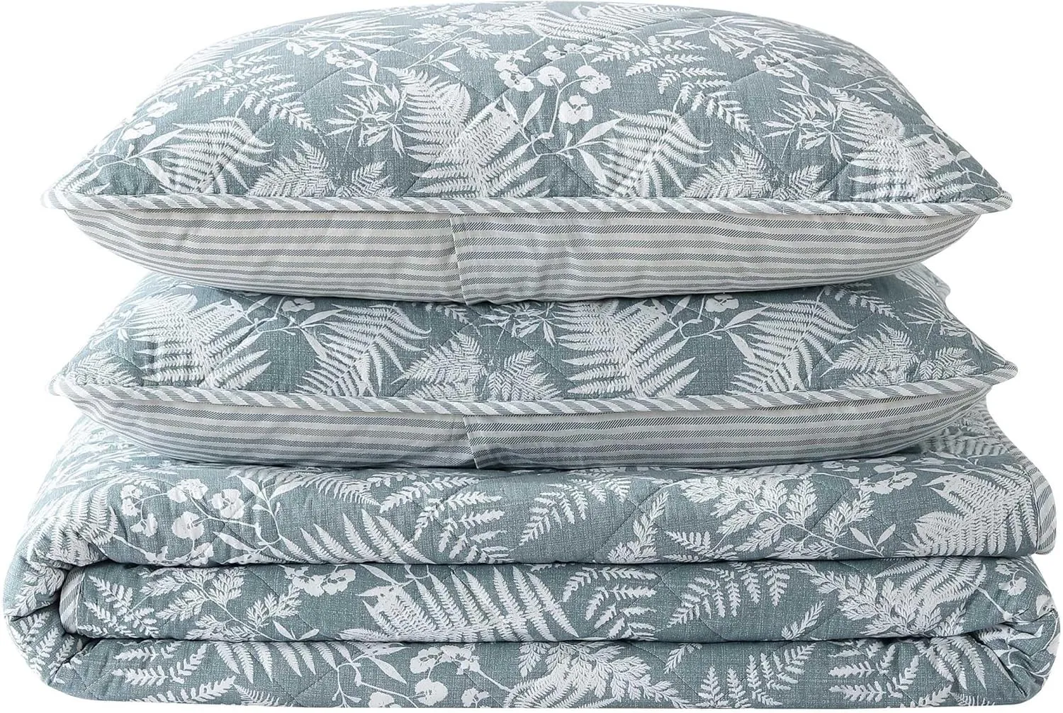 Eddie Bauer - Queen Quilt Set, Reversible Cotton Bedding with Matching Shams, Wildflower Inspired Home Decor with Stripe Reverse (Fern Garden Green, Queen)