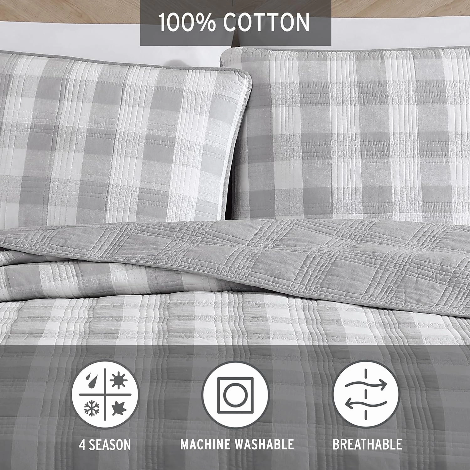 Eddie Bauer- King Quilt Set, Cotton Reversible Bedding with Matching Shams, Home Decor for All Seasons (Lakehouse Plaid Light Grey, King)