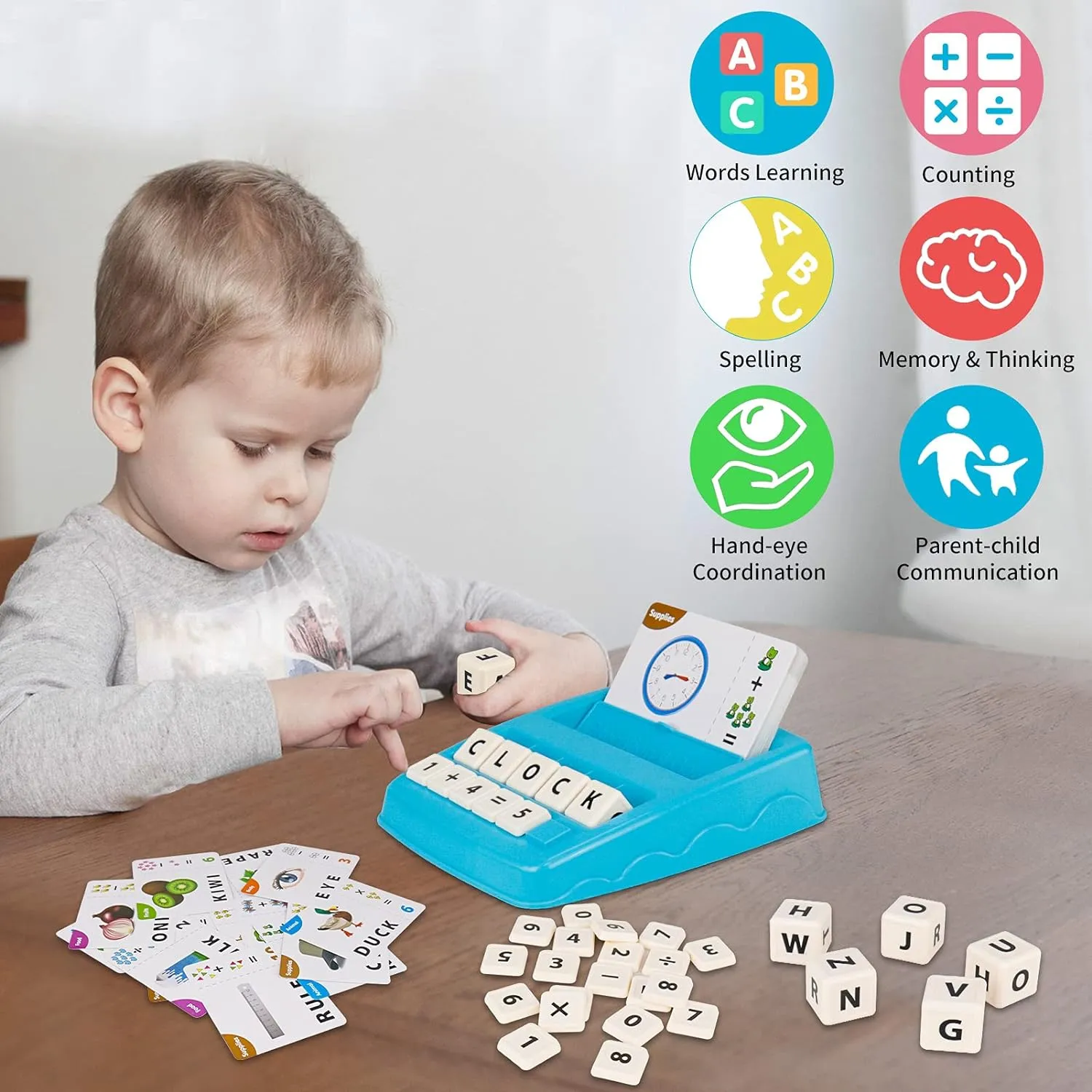 Educational Toys for Kids Ages 3-8,Learning Games for Kids 3-8, Matching Letter Spelling Math Game Flash Cards, Prescool Birthday Party Gifts for 3-8 Year Olds Boys Girls Light Blue