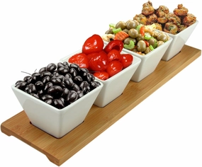 Elama Ceramic Stoneware Condiment Appetizer Set, 5 Piece, Long Rectangle in White and Natural Bamboo