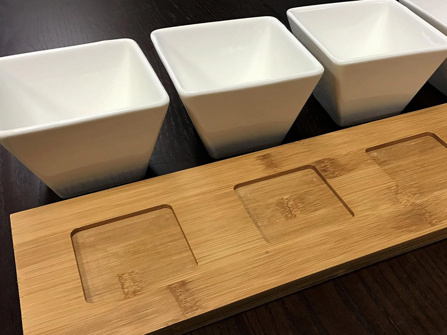 Elama Ceramic Stoneware Condiment Appetizer Set, 5 Piece, Long Rectangle in White and Natural Bamboo