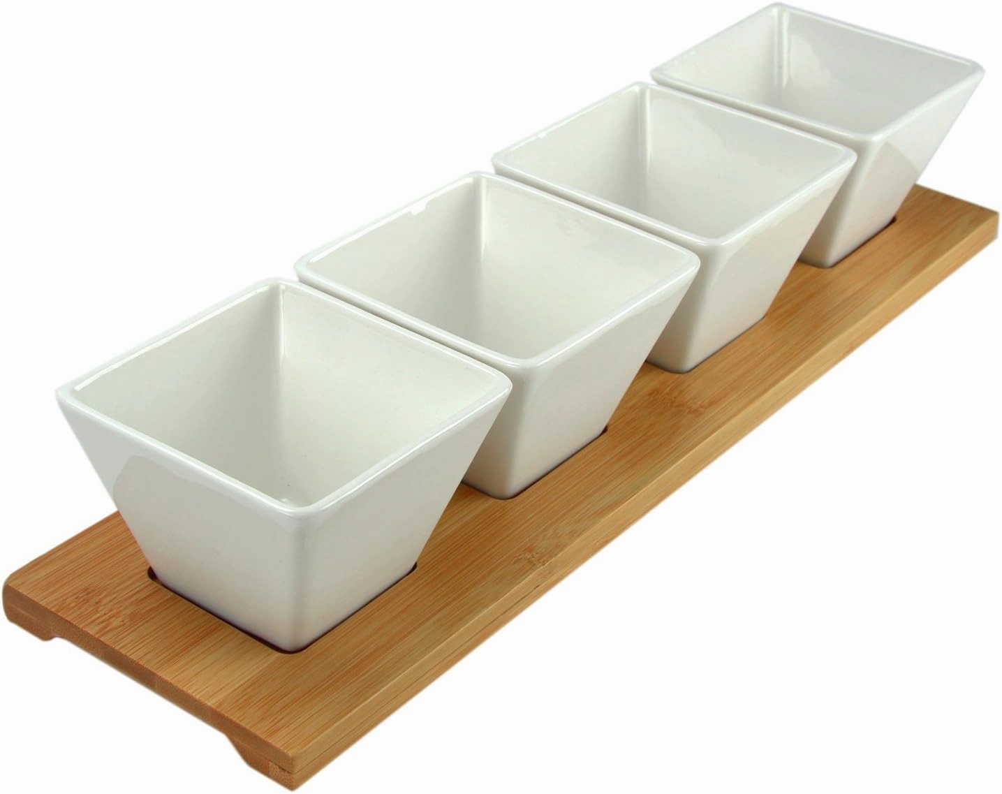 Elama Ceramic Stoneware Condiment Appetizer Set, 5 Piece, Long Rectangle in White and Natural Bamboo