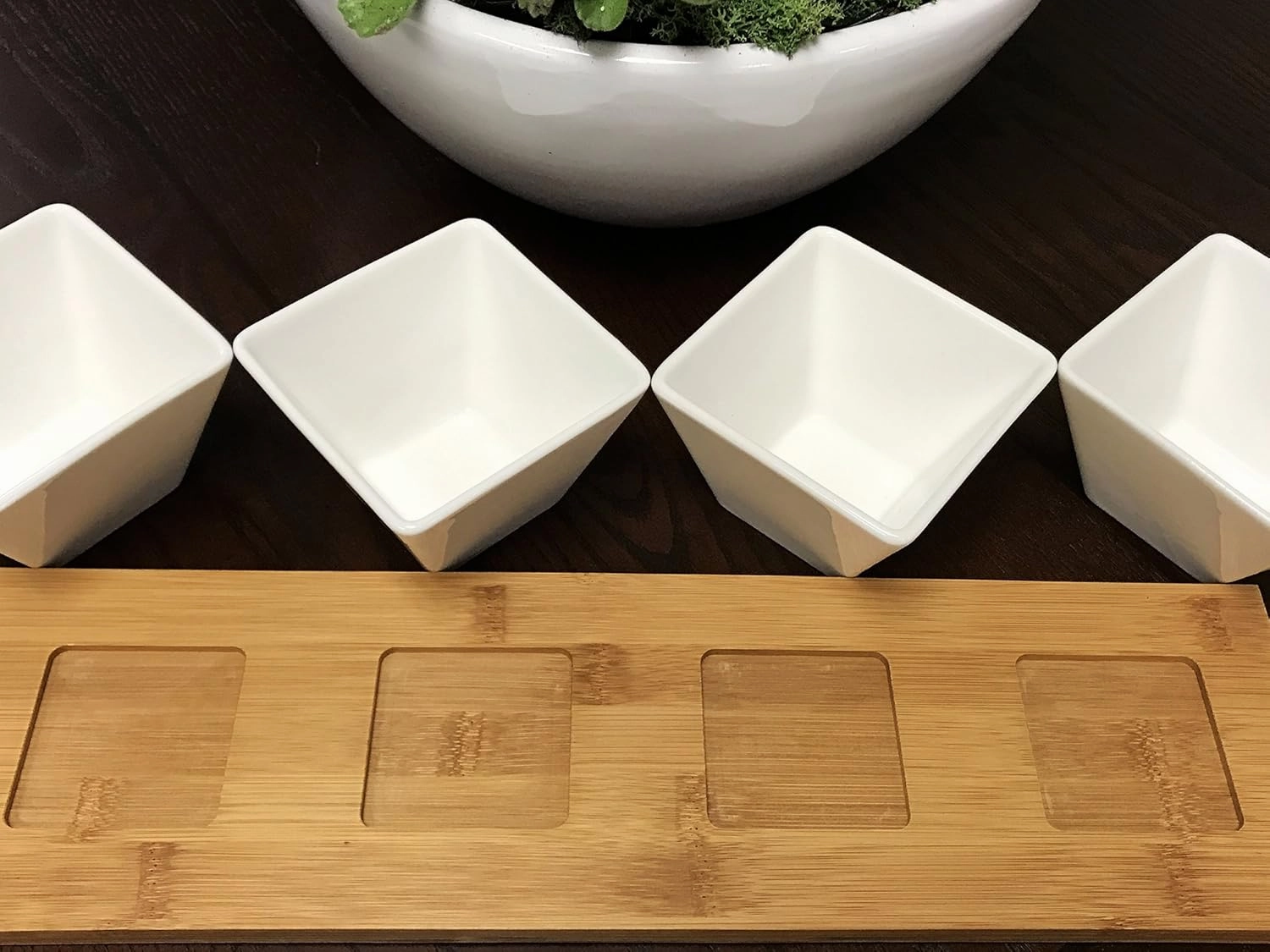 Elama Ceramic Stoneware Condiment Appetizer Set, 5 Piece, Long Rectangle in White and Natural Bamboo