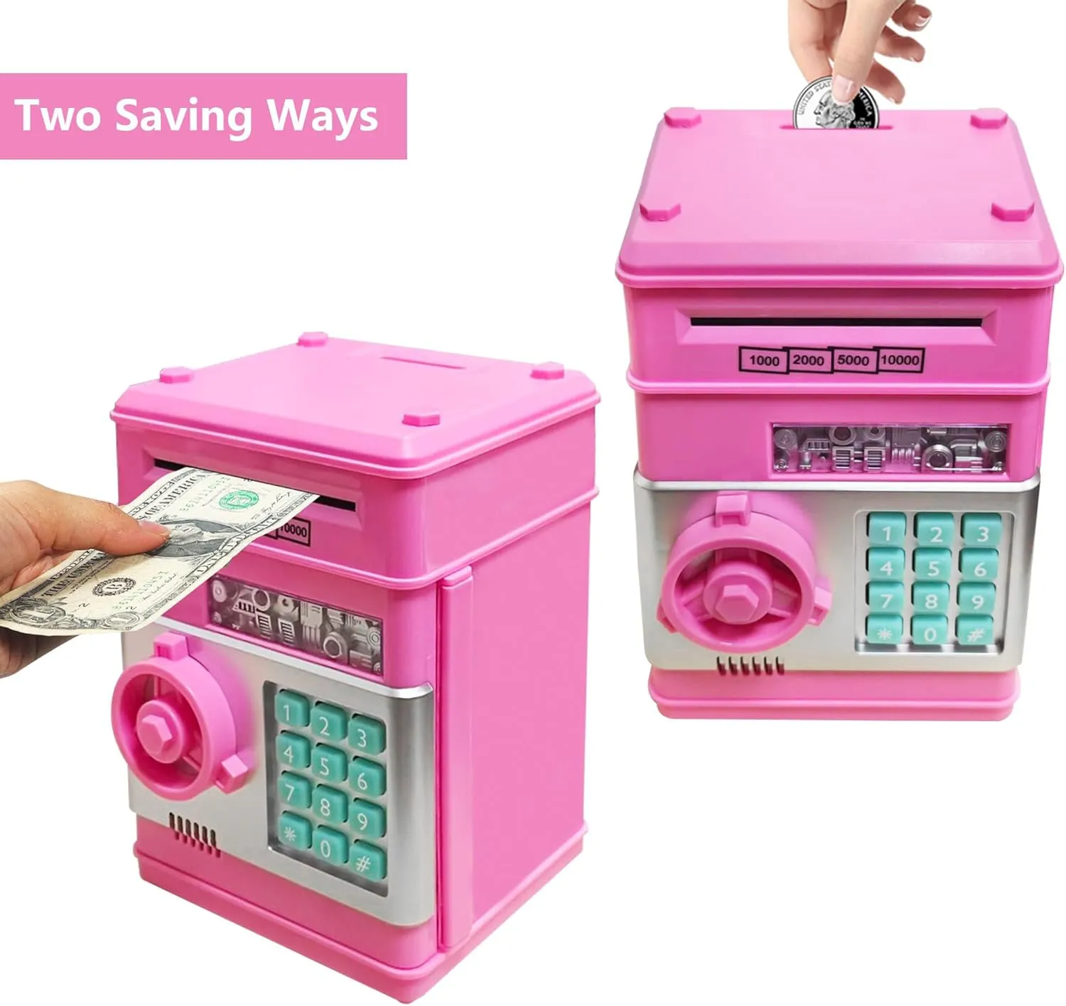 Electronic Piggy Bank Code Lock for Kids Baby Toy, Mini ATM Safe Coin Cash Banks Real Money Saving Box with Password, Auto Money Scroll for Children,Boys Girls Birthday Gift (Deep Pink)