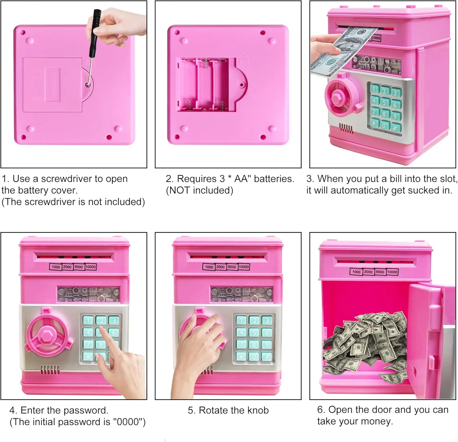 Electronic Piggy Bank Code Lock for Kids Baby Toy, Mini ATM Safe Coin Cash Banks Real Money Saving Box with Password, Auto Money Scroll for Children,Boys Girls Birthday Gift (Deep Pink)