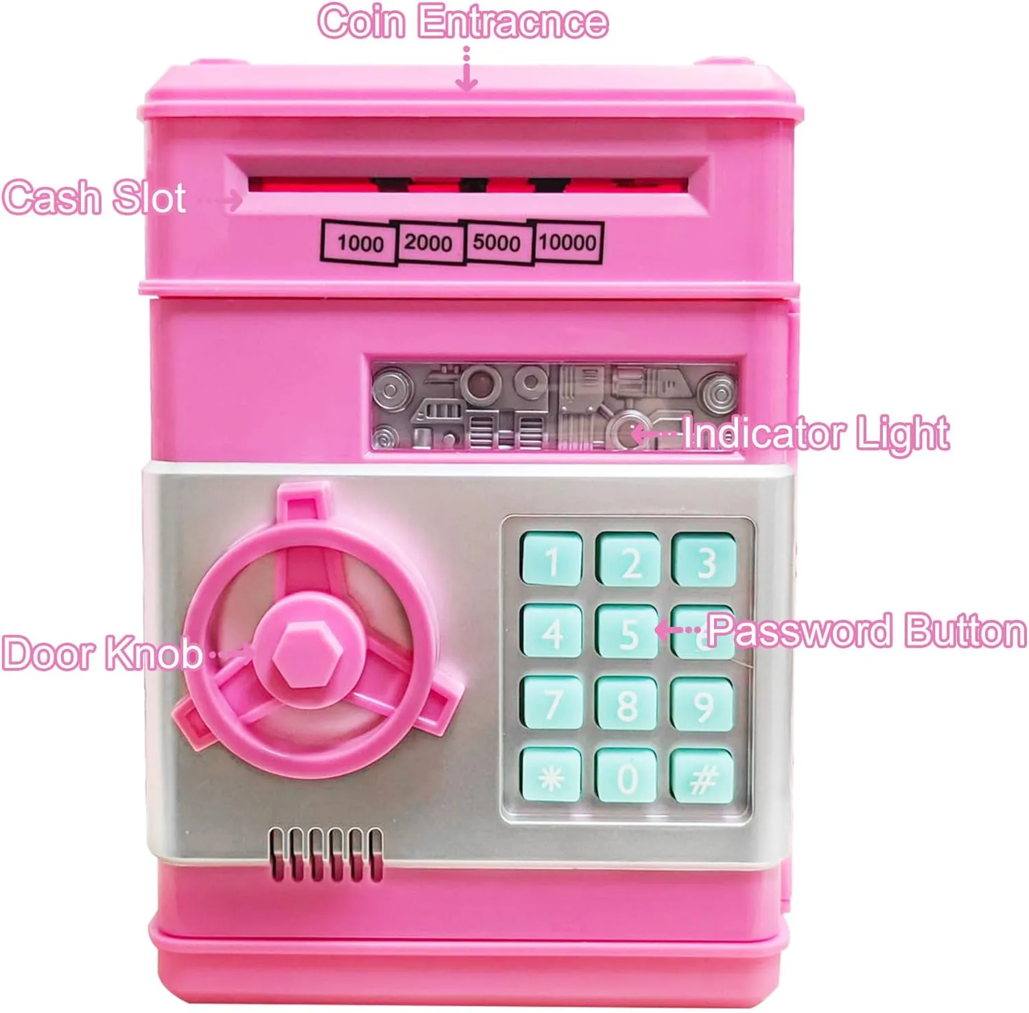 Electronic Piggy Bank Code Lock for Kids Baby Toy, Mini ATM Safe Coin Cash Banks Real Money Saving Box with Password, Auto Money Scroll for Children,Boys Girls Birthday Gift (Deep Pink)