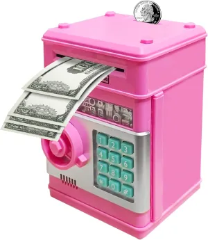 Electronic Piggy Bank Code Lock for Kids Baby Toy, Mini ATM Safe Coin Cash Banks Real Money Saving Box with Password, Auto Money Scroll for Children,Boys Girls Birthday Gift (Deep Pink)