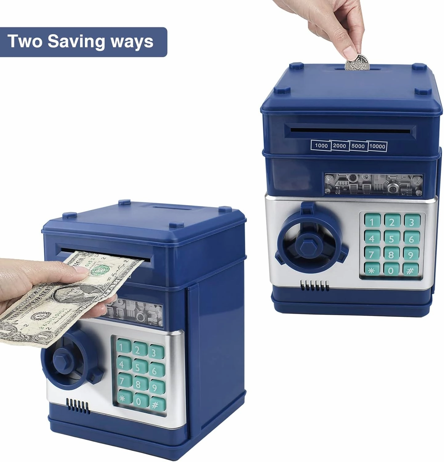 Electronic Piggy Bank Code Lock for Kids Baby Toy, Mini ATM Safe Coin Cash Banks Real Money Saving Box with Password, Auto Money Scroll for Children,Boys Girls Birthday Gift (Deep Blue)