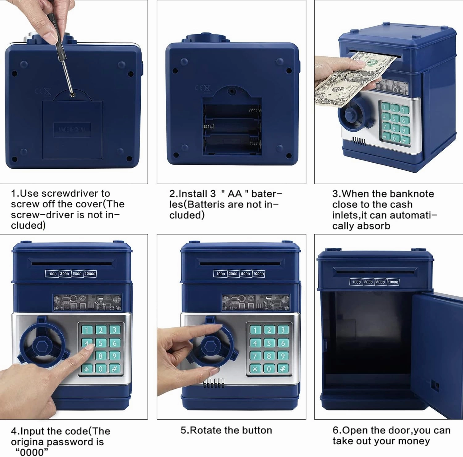 Electronic Piggy Bank Code Lock for Kids Baby Toy, Mini ATM Safe Coin Cash Banks Real Money Saving Box with Password, Auto Money Scroll for Children,Boys Girls Birthday Gift (Deep Blue)