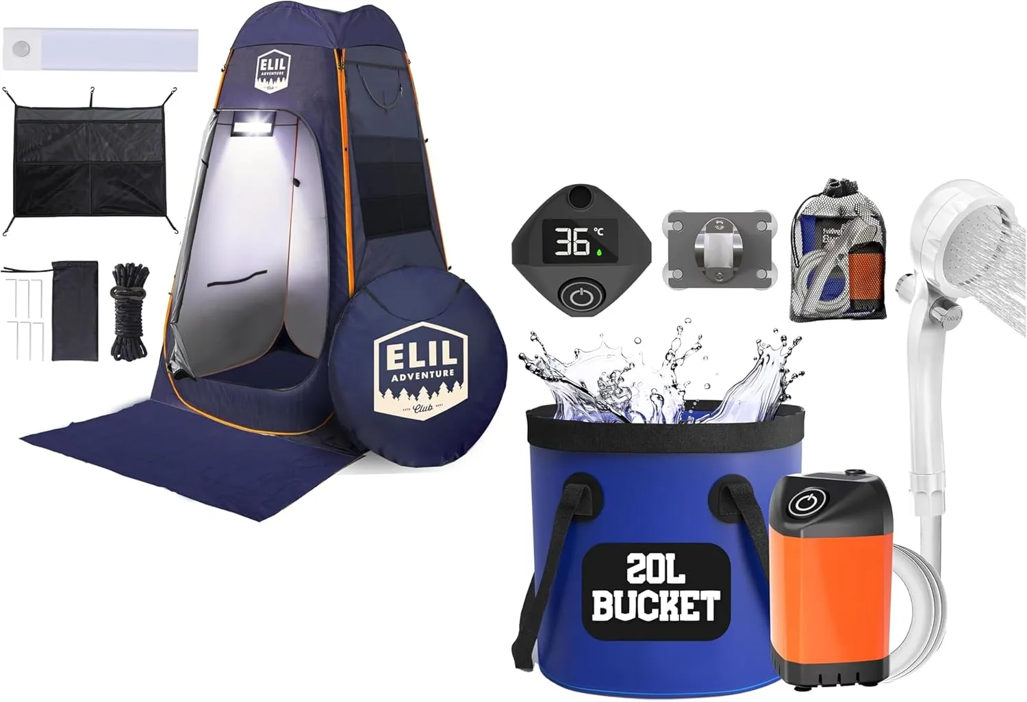 Elil Outdoor Portable Shower Set (Tent, Pump, and 5 Gallon Water Bucket), Extended Floor Mat and Indoor LED Sensor Light